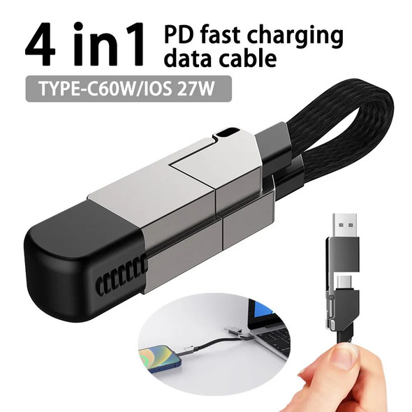 Multi Charging Cable Short for Travel Portable Magnetic Keyring 4 in 1 Fast Charger Cord PD 60W USB A/C to Type C for Phone Pad