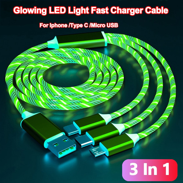 Glowing LED Light USB 3 IN 1 cable Phone Fast Charging Charger Luminous Type C Cable For Xiaomi Iphone Samsung Phone Accessories