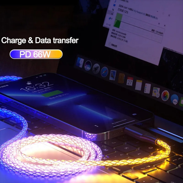 RGB Color Light 66W 6A USB to Type C Fast Charging Data Cable For Xiaomi POCO Samsung Huawei OnePlus Phone USB C Car Charge Cord