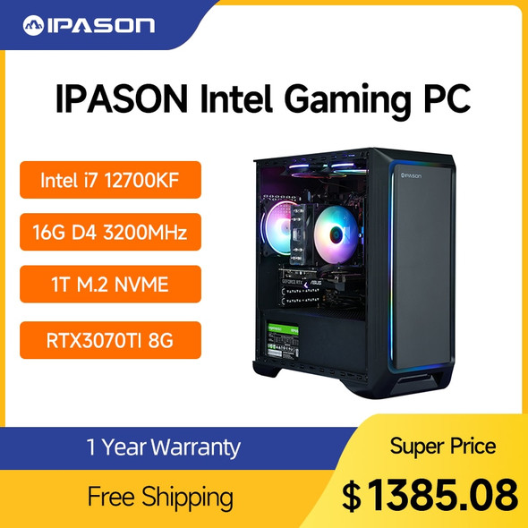 IPASON High-Performance Gaming Computer 11th Gen i7 12700F RTX3070TI Upgraded Version 500G M.2 SSD Desktop Cyberpunk Gaming PC