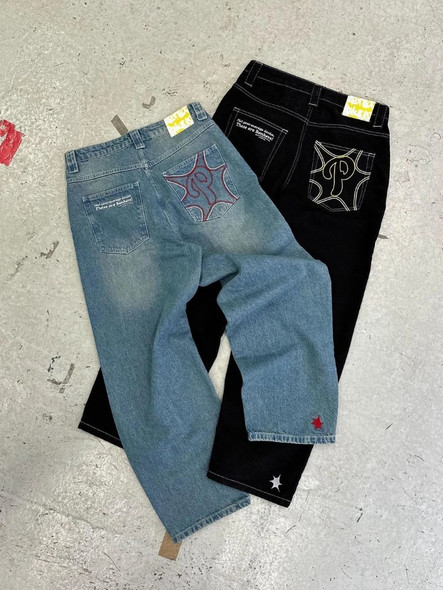 New Baggy Casual Wide Leg Jeans Men Street Retro Hip Hop Print Jeans Trend Fashion Black High-waist Jean Y2k Men Clothing 2023