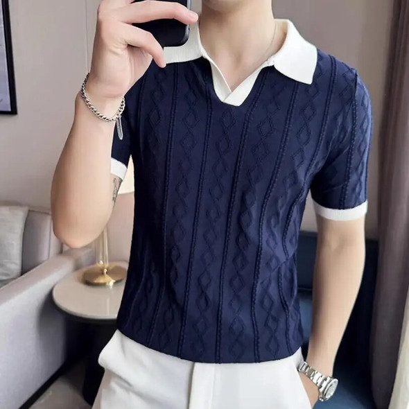 Men's Clothing Luxury Knit Polo Shirt Casual Striped Button Down Solid Color Short Sleeve T-Shirt for Men Breathable S-3XL