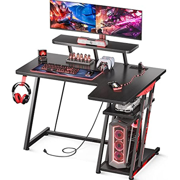 Gaming Desk L Shaped, Small Corner Desk with Storage Shelf & Power Outlets,  with Monitor Shelf, Carbon Fiber Surface,  39 Inchh