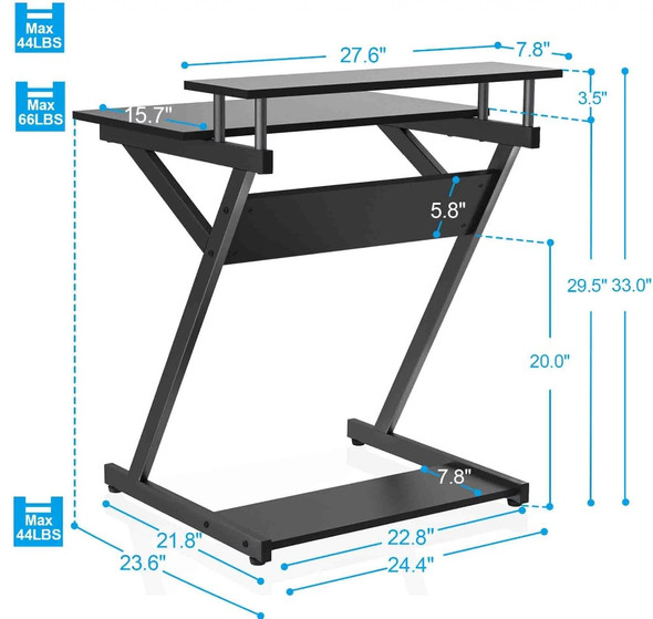 27-Inch Computer Desk for Small Spaces,Small Desk with Monitor Shelf & Bottom Storage Shelves, Unique Z-Shaped Compact Study