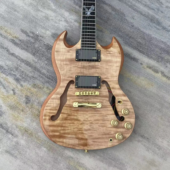 F-hole electric guitar with 6-string integrated electric guitar, natural wood color body, high gloss, rose wood fingerboard, map