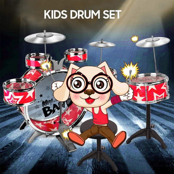 6-Piece Kids Drum Set Drum Kit Jazz Drum Set with Folding Step Stool Cymbal Pedal Drumsticks Percussion Musical Instrument