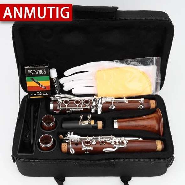 ANMUTIG-Bb Red Wood Professional Clarinet, 17 Silver Keys