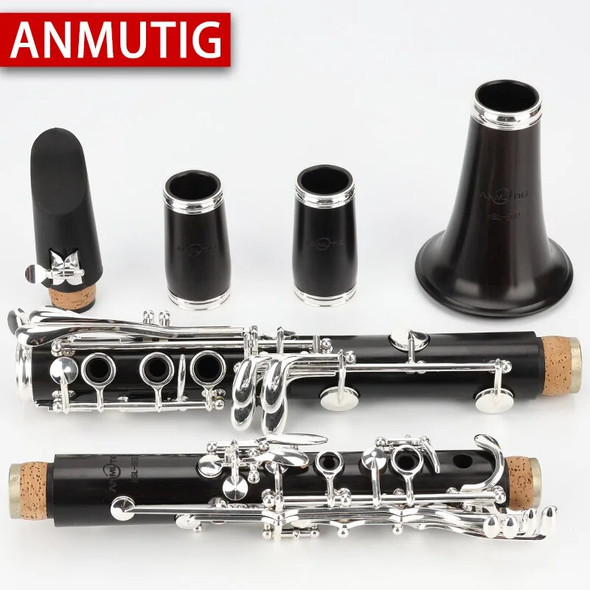 ANMUTIG-Professional Ebony Bb Clarinet, Silver Plated Tone, Wood Clarinete, 17, 18 Key