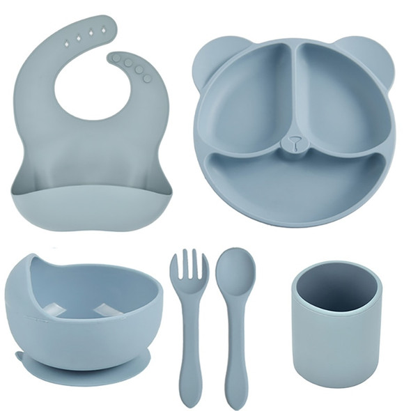 3/5/6Pcs Baby Silicone Feeding Set BPA Free  Bowl Divided Plate With Suction  Silicone Handle Spoon Fork Bibs Children Dishes