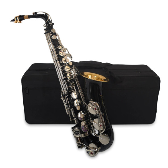 Black Eb Alto Saxophone Sax Brass Body White Shell Keys Woodwind Instrument with Carry Case Gloves Cleaning Cloth Brush Sax Neck