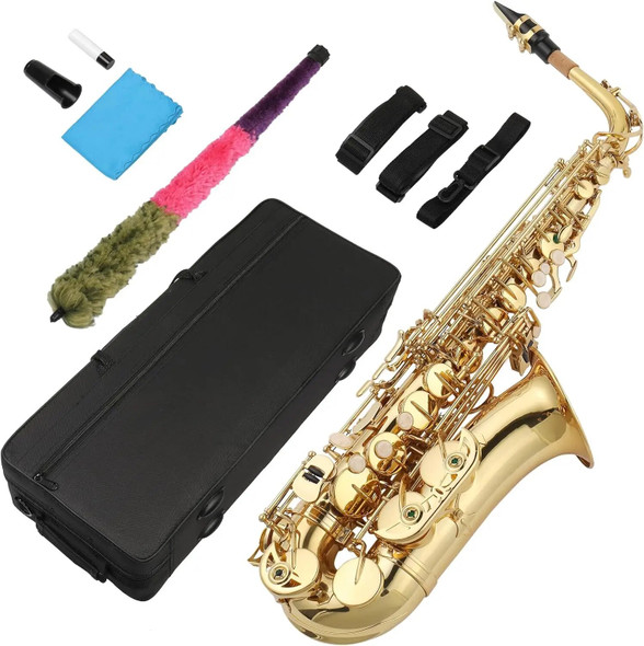 Alto Saxophone Brass Lacquered Gold E Flat Sax Woodwind Instrument with Cleaning Brush Case Strap Gloves Accessories