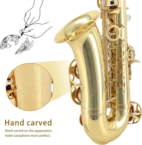 Alto Saxophone Brass Lacquered Gold E Flat Sax Woodwind Instrument with Cleaning Brush Case Strap Gloves Accessories