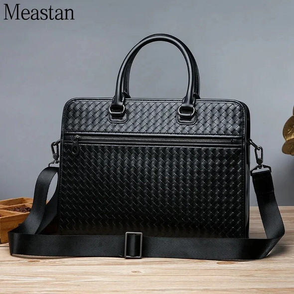 Men's Briefcase Luxury Woven Leather Laptop Bags Men Shoulder Handbag Office Business Travel Bag for Documents Big