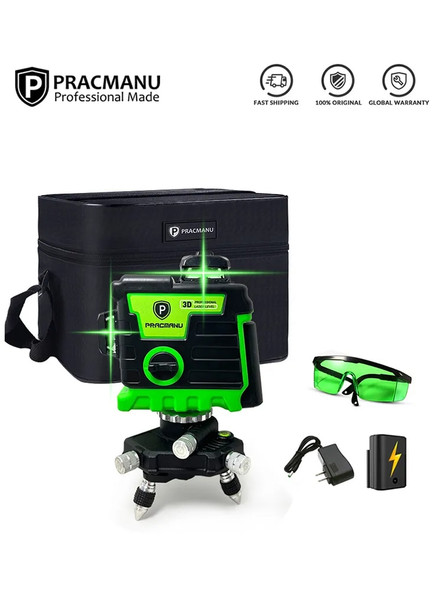 Pracmanu Laser Level 12 Lines 3D Laser Level Self-Leveling Horizontal and Vertical Cross Super Powerful Green Beams
