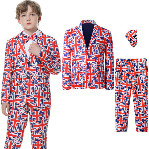 Boys Suit Union Jack Patriotic Clothing Set Children Britain Flag Formal Gentleman Party Outfits Classic Jacket Pants & Tie 3PCS
