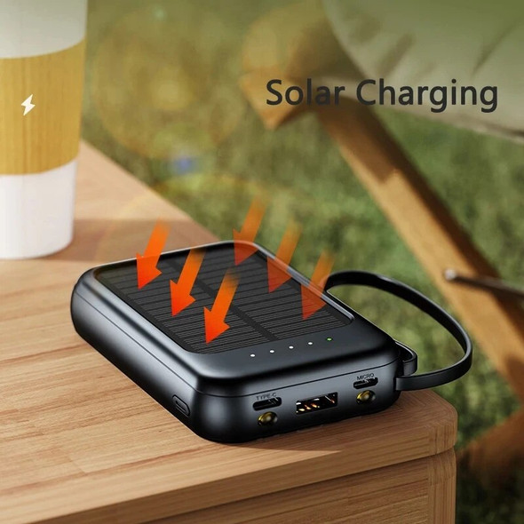 Mini Solar Power Bank 20000mAh Built in Cable Portable Charger External Battery Powerbank for iPhone 14 13 Samsung Huawei Xiaomi