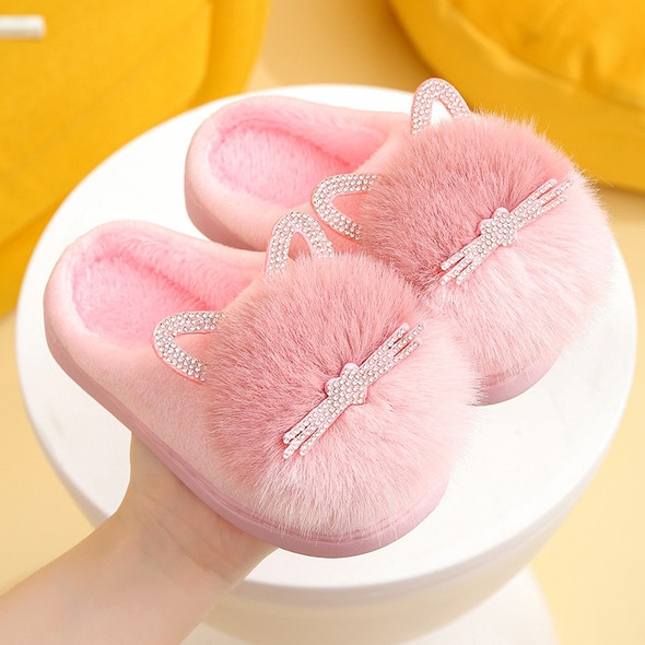 Children's Girls Boy Rhinestone Cat Plush Warm Slippers Cute Cartoon Home Comfortable Slippers Non-Slip Soft Flat Kids Slipper