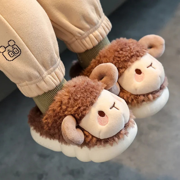 New Winter Children’s Baby Warm Cotton Shoes Boys Girls Cartoon Sheep Non-slip Shoes Kids Soft Sole Plush House Indoor Slippers