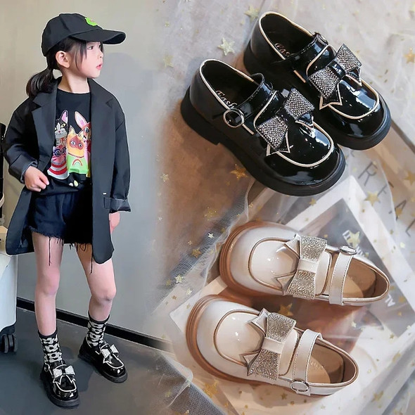 Children‘s Leather Shoes for Toddlers Girls Party Flats Kids Loafers Bowtie 4-9y New Arrival TB2308