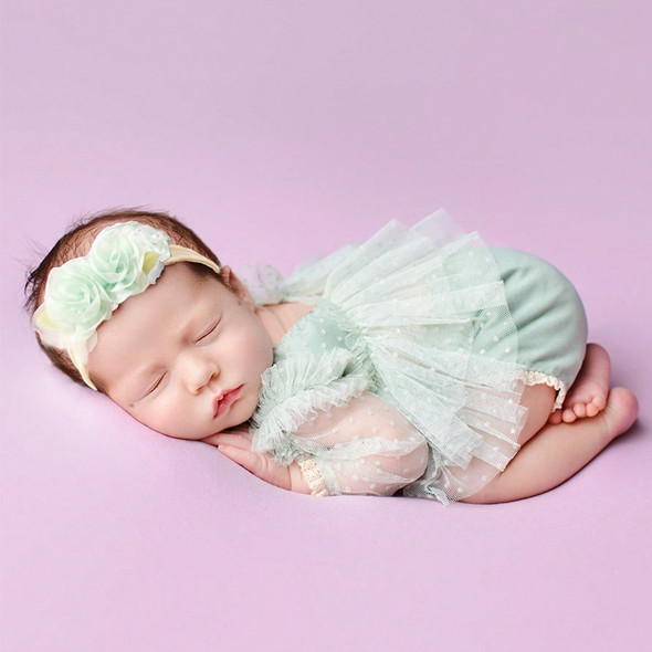 Ylsteed Newborn Photography Clothes Green Dot Mesh Dress with Matching Underwear Baby Girl Photo Props