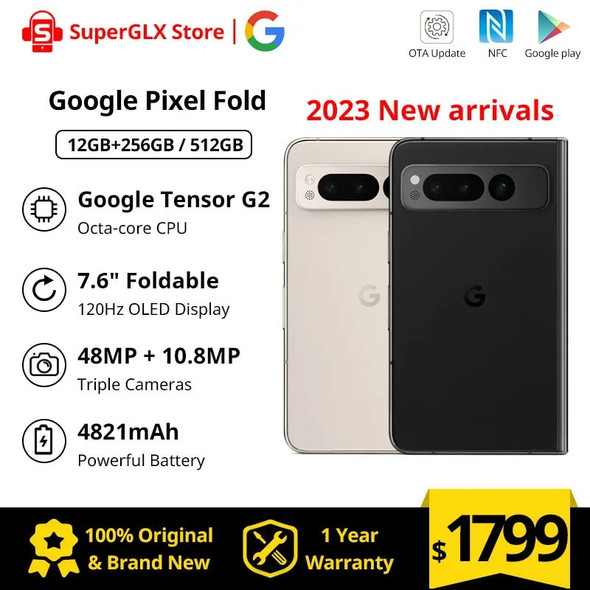 2023 New Google Pixel Fold Android Folding Screen Handsets 12GB RAM 256GB/512GB ROM OLED Display 120Hz 48MP Triple Cameras