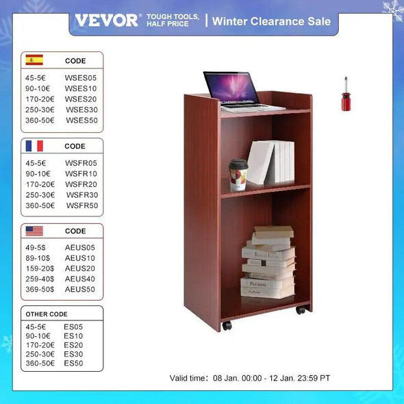VEVOR Wood Podium 2 x 4 FT Lecterns w/ 4 Rolling Wheels Baffle Plate & Shelf Easy Assembly Walnut for Church Office School Home