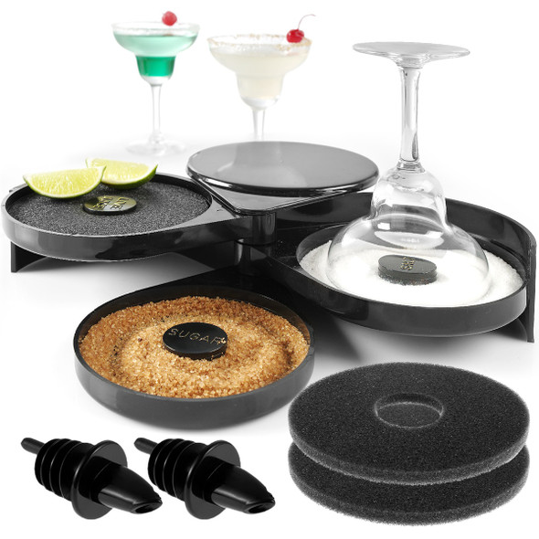 New Salt Rimmer Set 3-Tier Foldable Bar Glass Rimmer Set for Cocktails with 2 Pourers and 3 Sponge Pad Plastic Black Sugar Salt