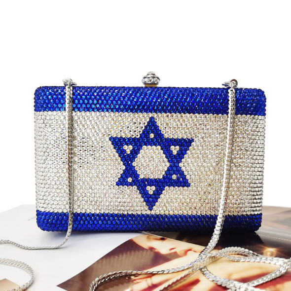 KHNMEET Customized Luxury Crystal Israel Flag Design Evening Bags UK USA Pattern Evening Bags for Women Purse Clutch Bags sm78