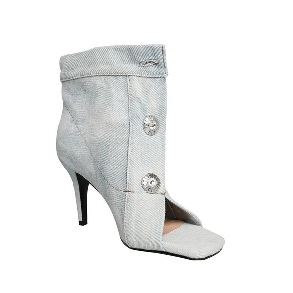 Denim Square Peep Toe Sandals Boots Women Front Metal Buckle Thin High Heel Shoes Large Size43 Mid Stiletto Heels Short Booties