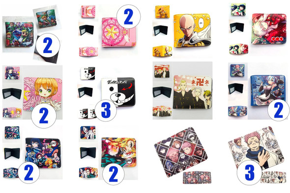 Wholesale customized styles 107 pcs Anime Wallet Fashion PU Leather Purse Cosplay Short Wallets