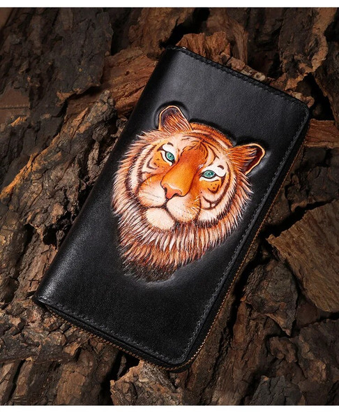 High-end customization Genuine Leather Wallets Carving Tiger Bag Purses Men Long Clutch Vegetable Tanned Leather Wallet Gift