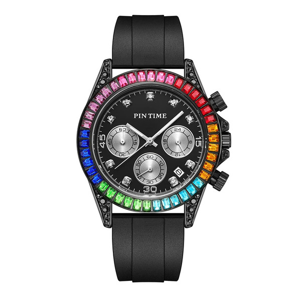 Men's Watches Classic Black Silicone Band Chronograph Fashion Quartz Wristwatch Waterproof 30M Colorful Iced Diamonds Case Clock