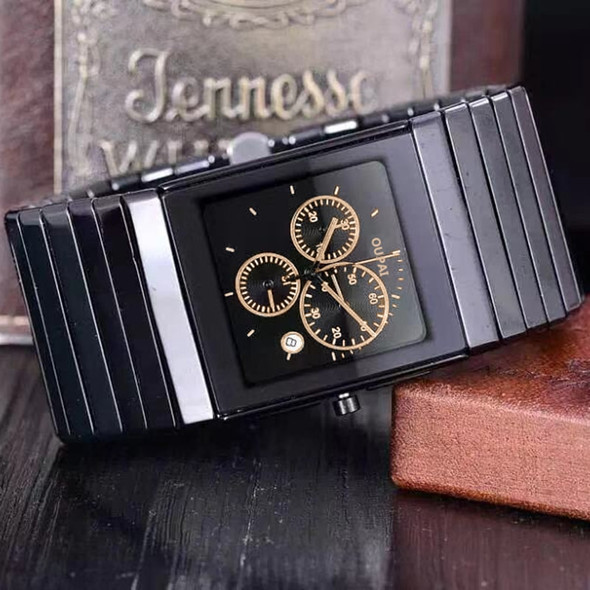 OUPAI 2021 New Arrival Rectangle Black Ceramic Quartz Watch Man Ultra Thin Chronograph Stop watch Function Waterproof 35mm Wide