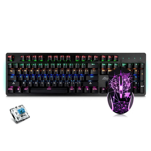 Mechanical Keyboard Mouse Combo USB Wired Gaming Keyboard Mouse Set 104 Keys Mixed Light Keyboard Pink (Blue Switch)