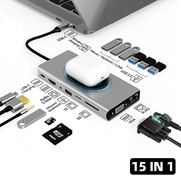 15 in 1 USB Type C HUB Wireless Charging USB 3.0 RJ45 PD To HDMI-compatible Adapter Docking Station For Macbook Pro Laptop PC