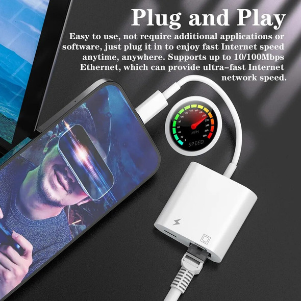 Lighting to RJ45 Ethernet OTG Adapter LAN Wired Network Cable/Hub with USB 3 Camera and Charge Port for iPhone/iPad Flash Drive