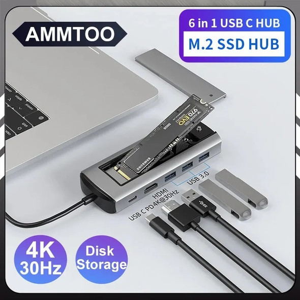 6 in 1 M.2 SSD HUB USB C Dock Station with Disk Storage Function USB 3.0 Type C to HDMI-Compatible Laptop For Macbook Laptop Pc