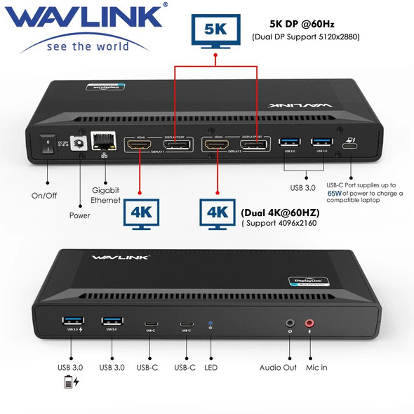 USB C Universal Docking Station 5K USB-C Gen1 Dual 4K Display HD HDMI-Compatible Power Delivery USB 3.0 Gigabit Ethernet Wavlink
