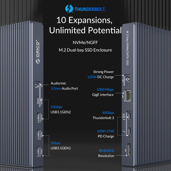 ORICO Thunderbolt 3 Docking Station With M.2 NVMe NGFF Enclosure 9 in 1 USB C Laptop Docking Staion With 40 Gbps HUB