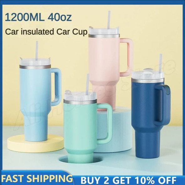 1200ml 40oz Thermos Cups with Straw Travel Mug with Handle In-Car Vacuum Car Thermos Coffee Cup Double Layer Travel Water Mug