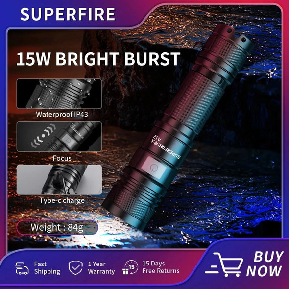 SUPERFIRE A12 LED Flashlight Ultra Powerful Zoom EDC Torch USB-C Rechargeable Portable Emergency for Camping Fishing Lanternt