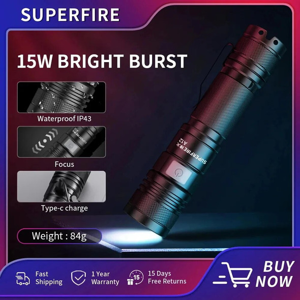 SUPERFIRE A12 ultra powerful flashlight Walking Adventure Fishing 15W Zoom torch light rechargeable power Emergency Portable
