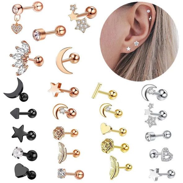 5PCS Star Tragus Stud Earring Set Heart Small Stud Set Lobe Piercing Cartilage Stud Helix Jewelry Cz Barbell Piercing Earrings