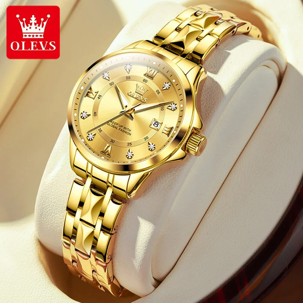 OLEVS Women‘s Watches Luxury Fashion Gold Small Wristwatch for Ladies Original Waterproof Rhombus Stainless Steel Strap Date