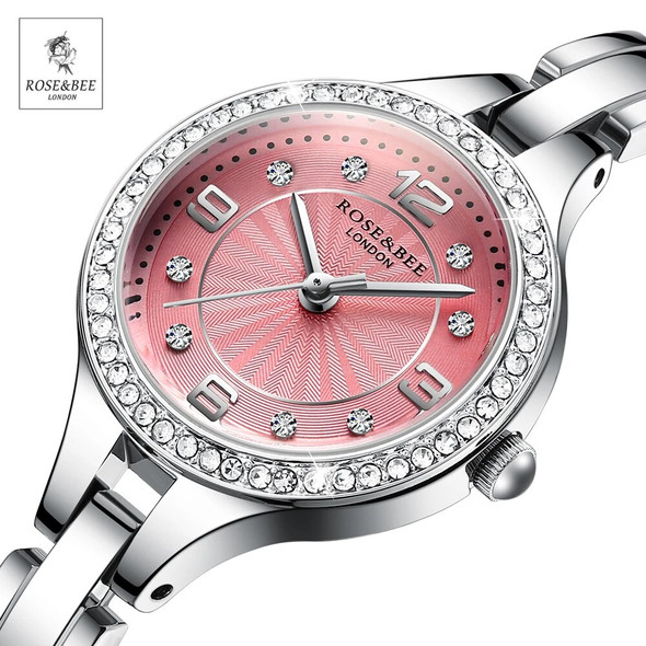 Rose&Bee Women‘s Rhinestones Wristwatches Silver Pink Japan Quartz Ladies Waterproof Diamonds Stainless Steel Watches for Women