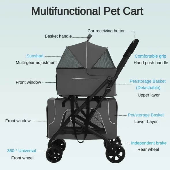 Foldable Pet Stroller, Dog Cage Jogger, Removable Carrier, Double Layer Cat Carrier, Trolley for Small and Medium Pet