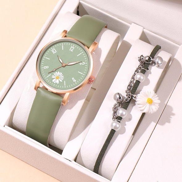 2PC Set Small Daisies Bracelet Watch Women Fashion Casual Leather Watches Simple Ladies Small Dial Quartz Wristwatch Reloj Mujer