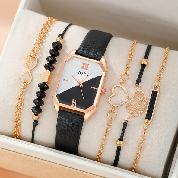 6pcs Square Quartz Watch Dainty Bracelets Set Women Black White Watch Dial Leather Strap Heart Leaf Infinity Bracelets Set 6pcs Square Quartz Watch Dainty Bracelets Set Women Black White Watch Dial Leather Strap Heart Leaf Infinity Bracelets Set