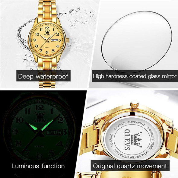OLEVS 5567 Quartz Trendy Luxury Watches For Women, Waterproof Alloy Strap Casual Women Wristwatches Calendar Week Display