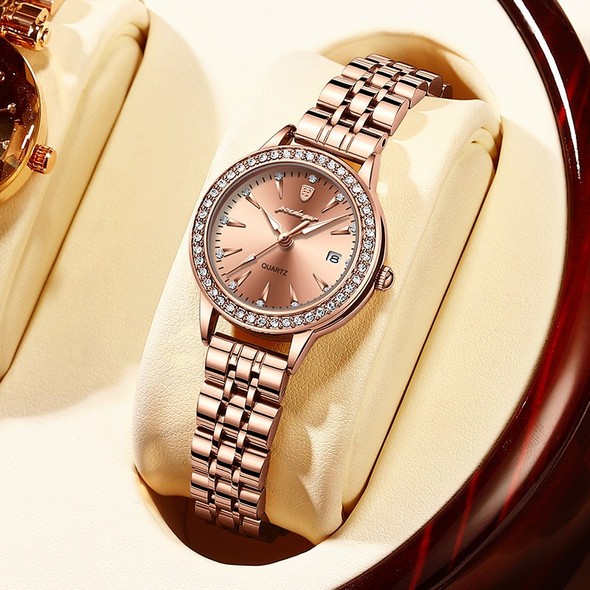 POEDAGAR Ultra Thin Women Watches Rose Gold Luxury Steel Strap Brand Diamond Dial Ladies Watch Bracelet Waterproof Date Clock
